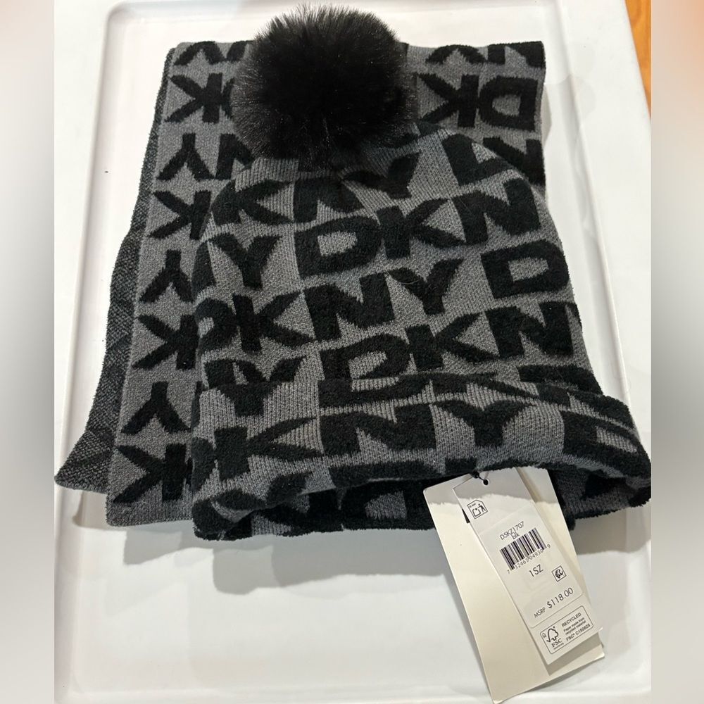 NWT DKNY Women’s Logo Faux Fur Pom Beanie and Scarf Set